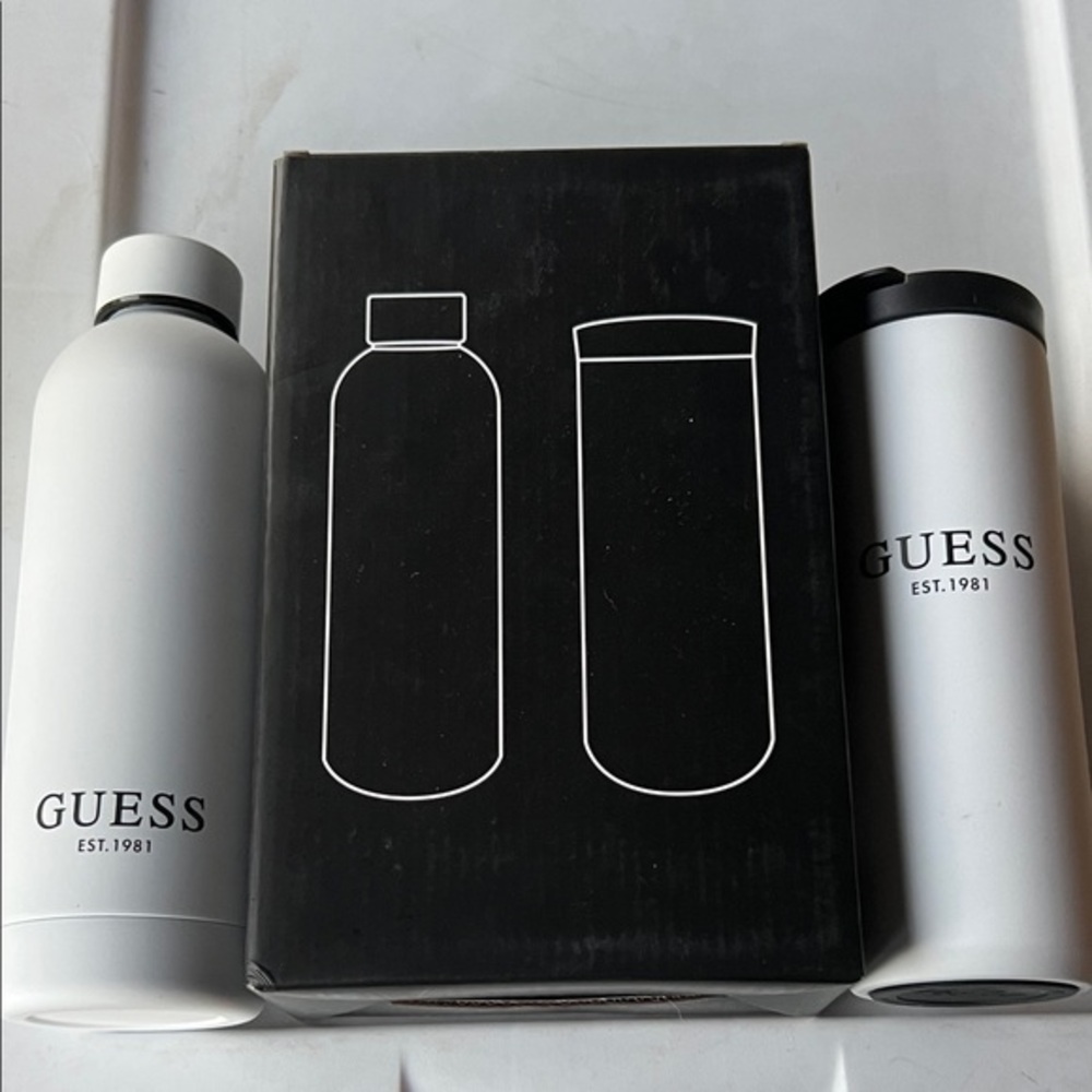 GUESS Black and White CoffeE Travel Cup and Insulated Water Bottle Duo Gift Set